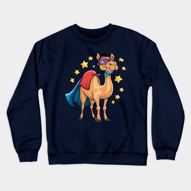 Creative and humorous vector print of a Bactrian camel, wearing a superhero cape and mask, standing confidently with a cheerful smile. (2) Crewneck Sweatshirt by YolandaRoberts